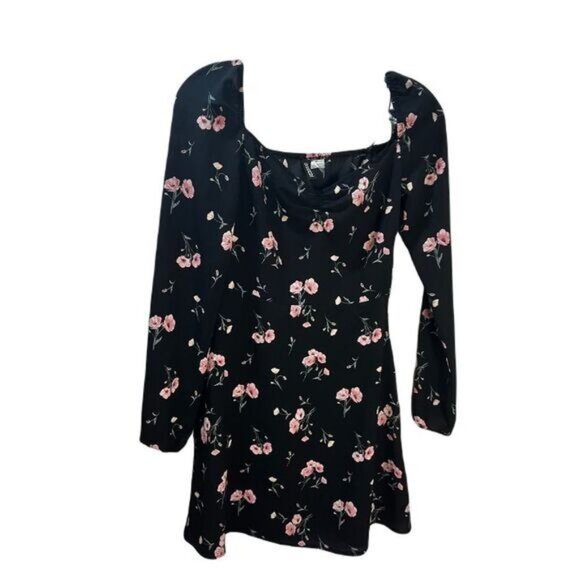 H&M Black Floral Long Sleeve Mini Dress With Square Neckline & Pink Rose Print - Picture 4 of 8